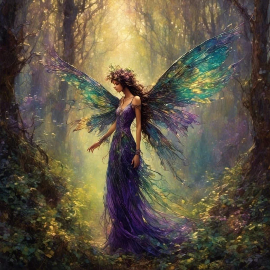 Iridescent Crow Faerie Dances in Misty Forest