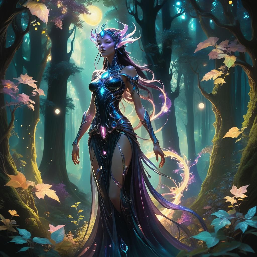 Ethereal Being in Luminous Forest, Dreamlike Art