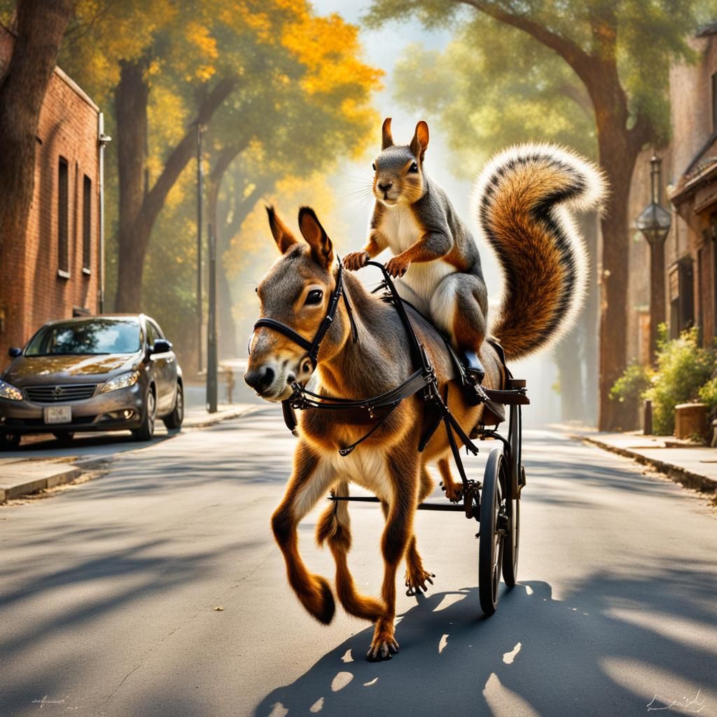 Squirrel Rides Donkey in Whimsical Street Scene