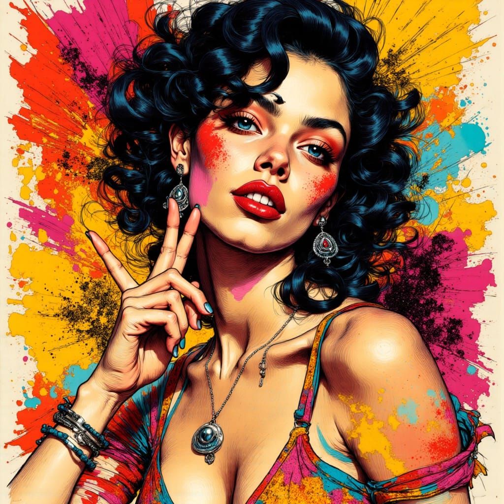Vibrant Pop Art Portrait of Hispanic Woman Making Peace Sign