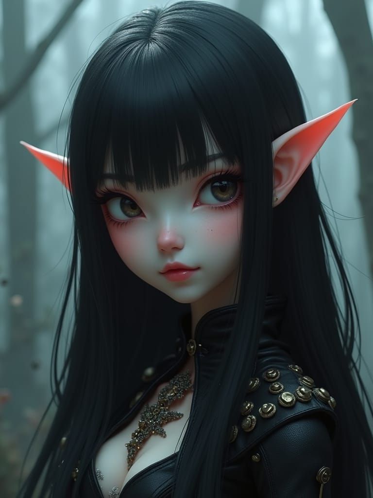 Gothic Cartoon Woman in Foggy Forest, Detailed Closeup