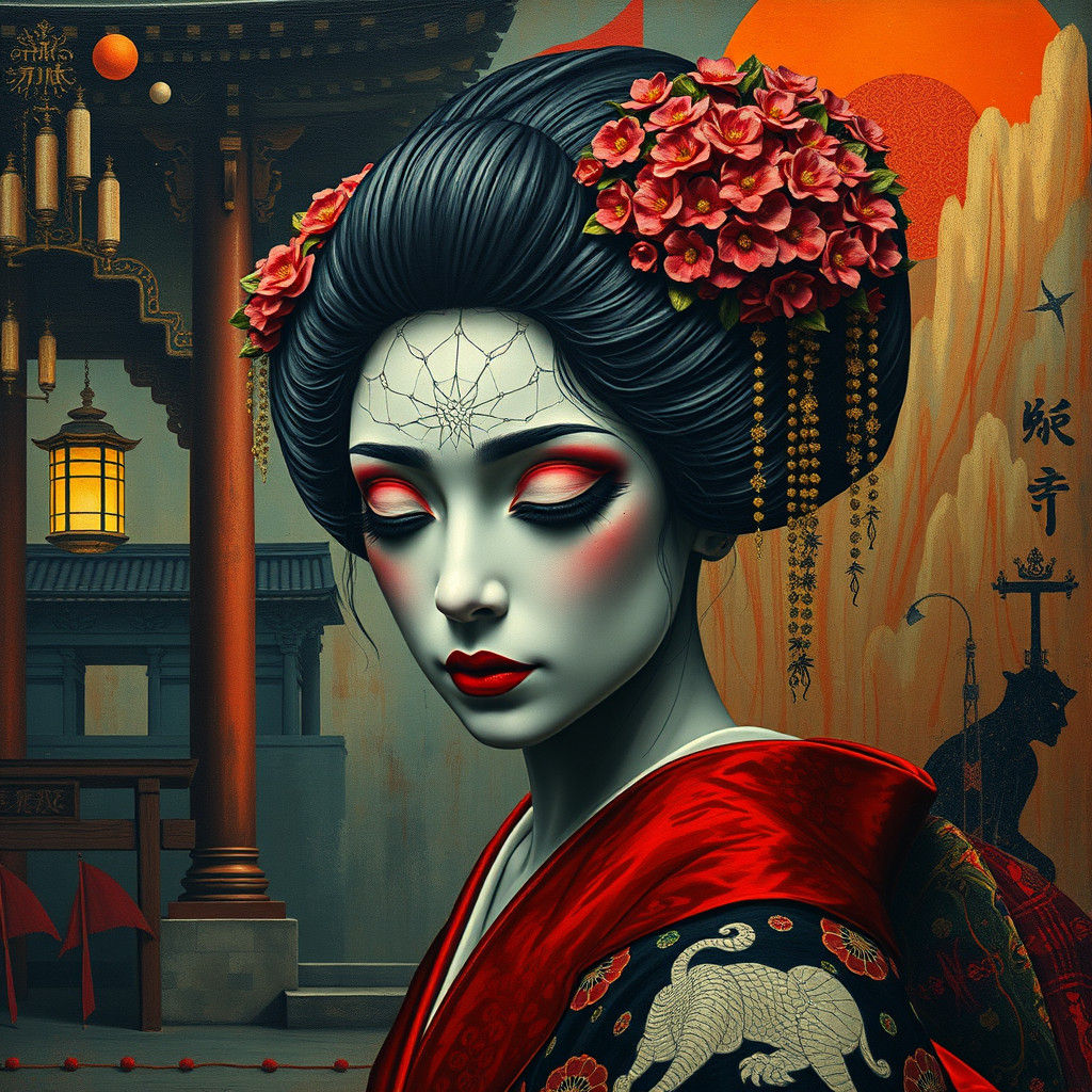 Mourning Geisha in Surrealist Impasto Art Deco Style