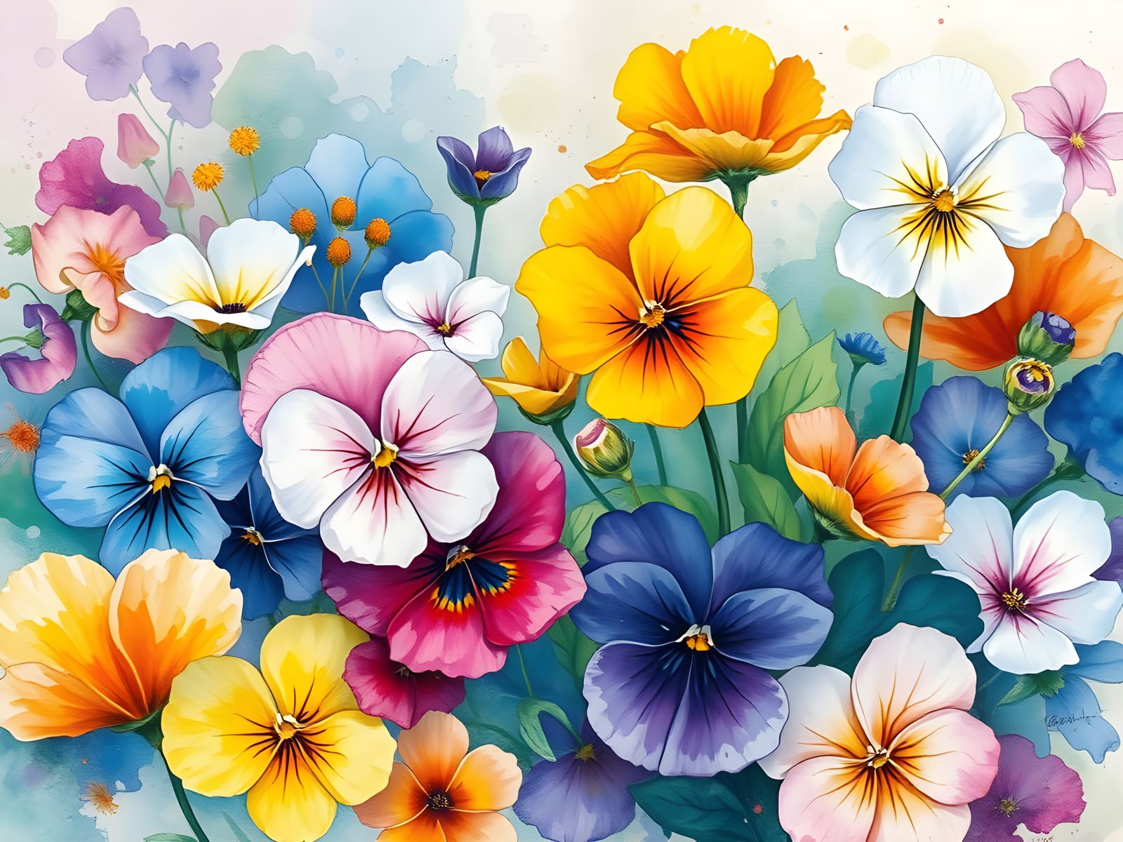 Dreamlike Pansy Garden in Vibrant Aquarelle Painting