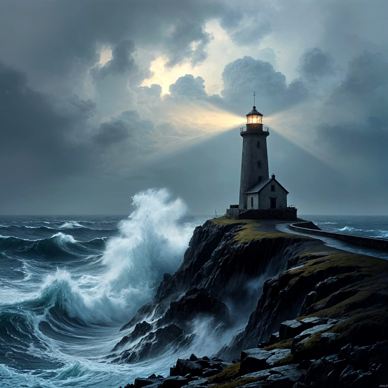 Lighthouse in Tempestuous Sea, J.M.W. Turner Style