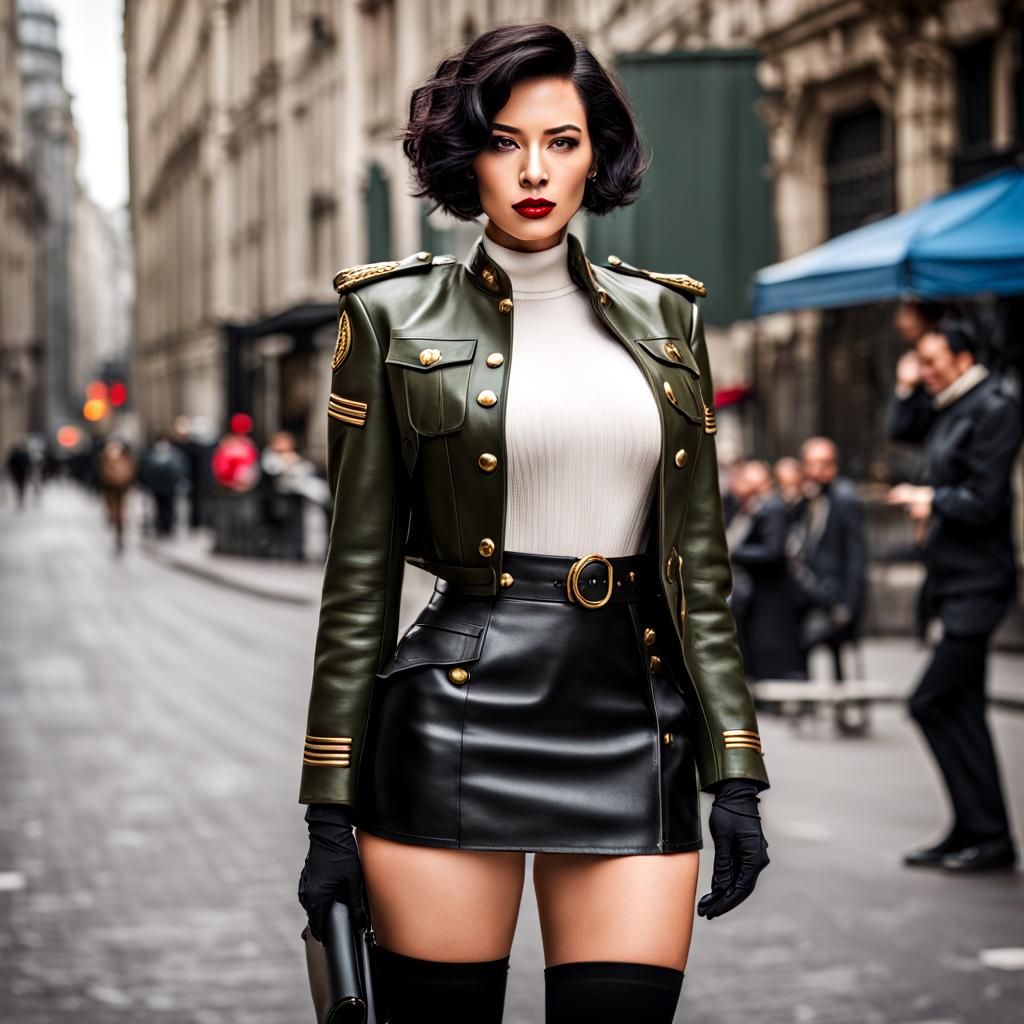 Stylish Military Officer in Leather Miniskirt, 8K
