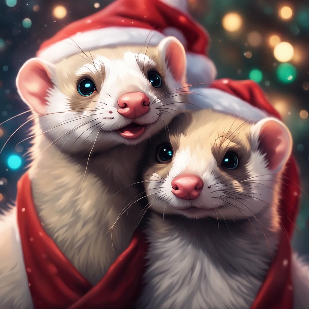 Festive Ferrets Celebrate Christmas: Hyperdetailed Portrait