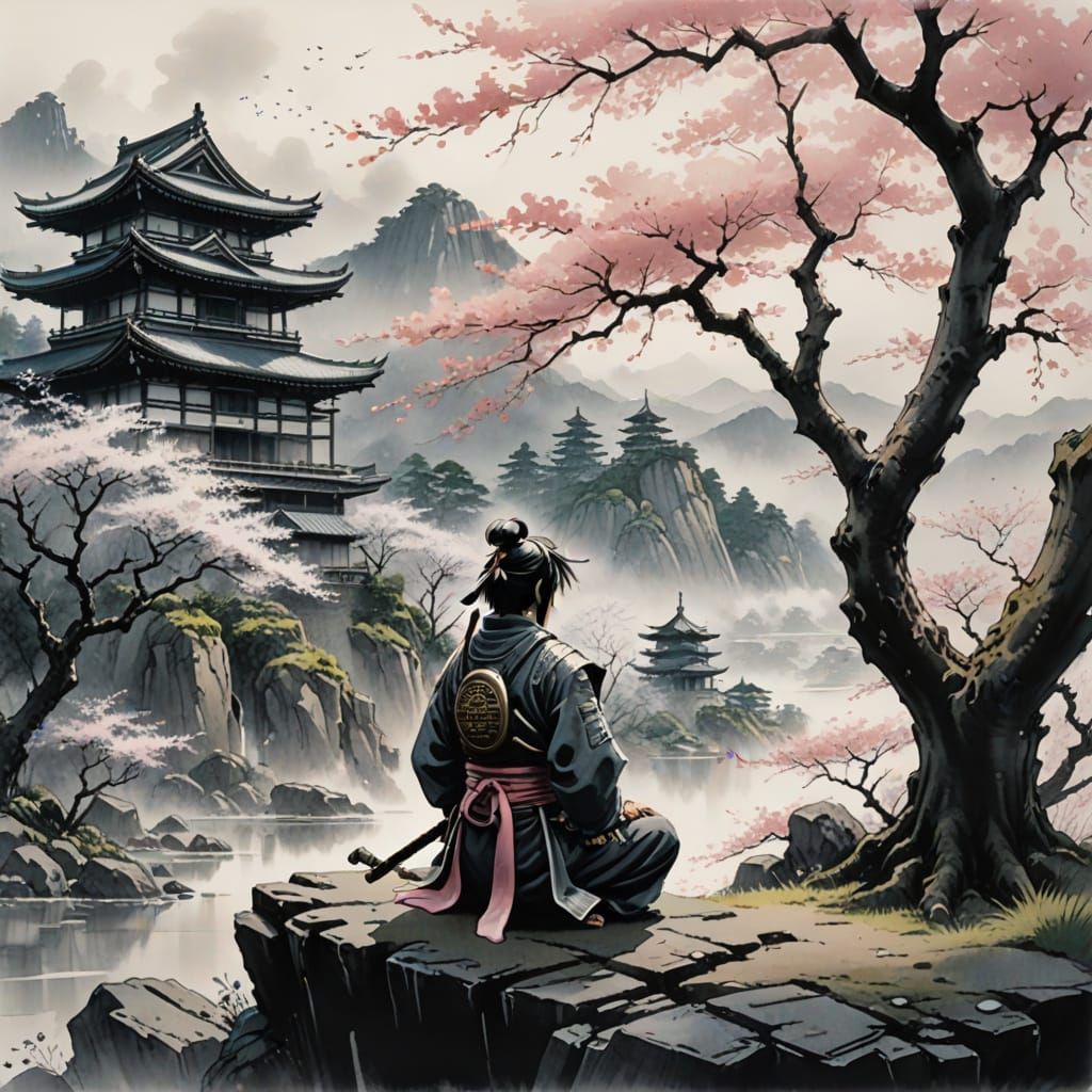 Samurai Meditating Under Cherry Blossoms in Ink Wash Style