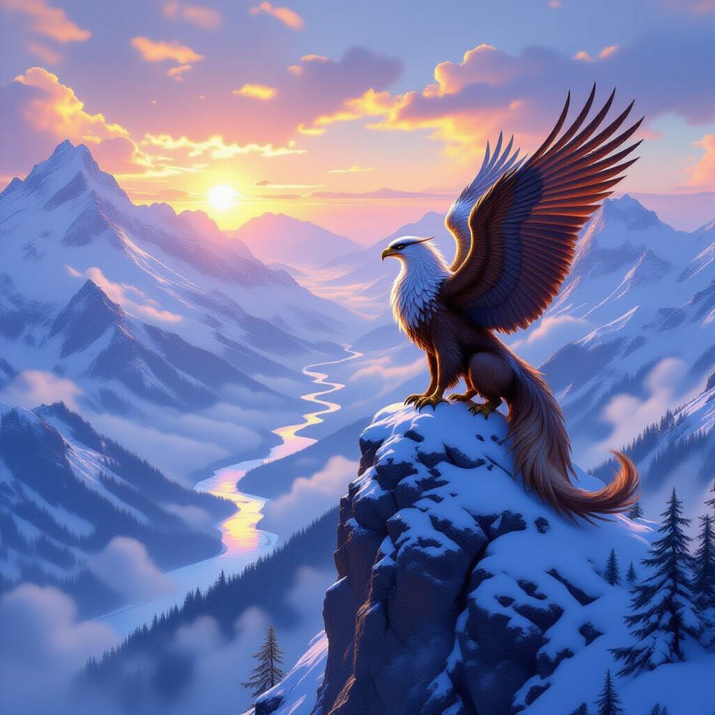 Griffin Overlooking Misty Valley: Fantasy Concept Art