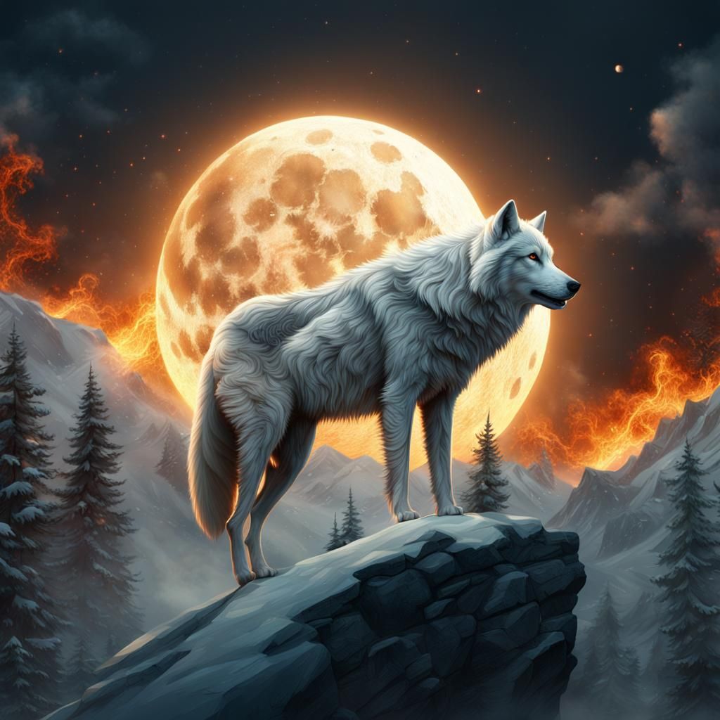 White Wolf Howling at Moon in Fire