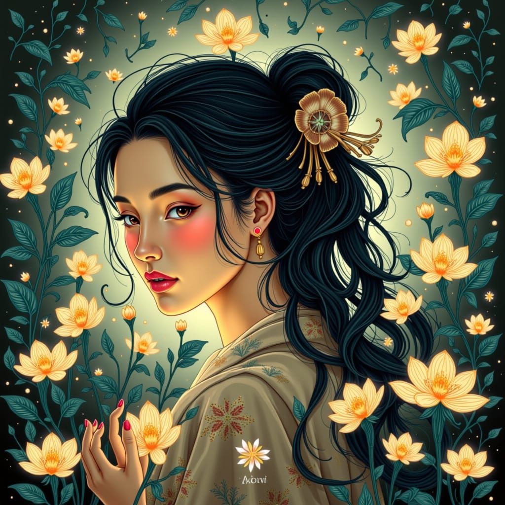 Ethereal Woman in Bioluminescent Flower Field