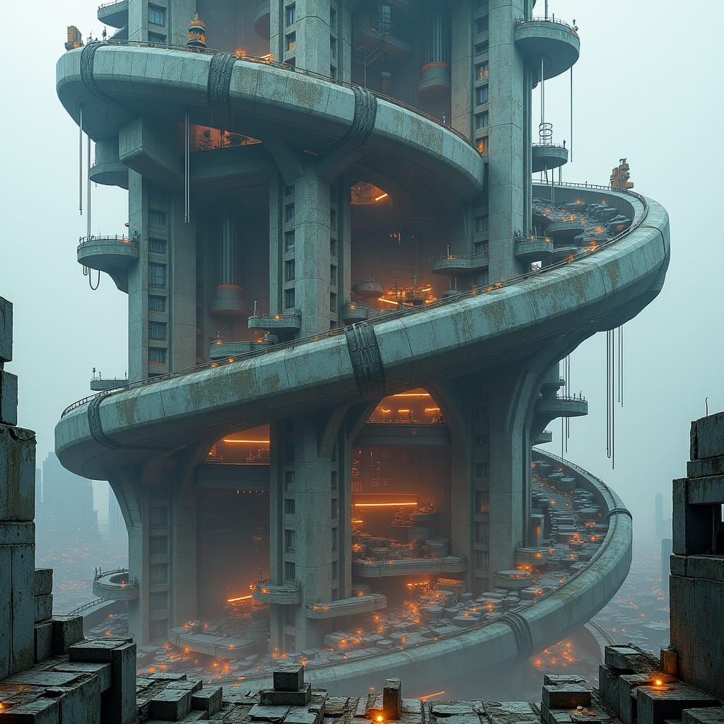 Brutalist Cyberpunk Megacity Tower in Double Helix Shape