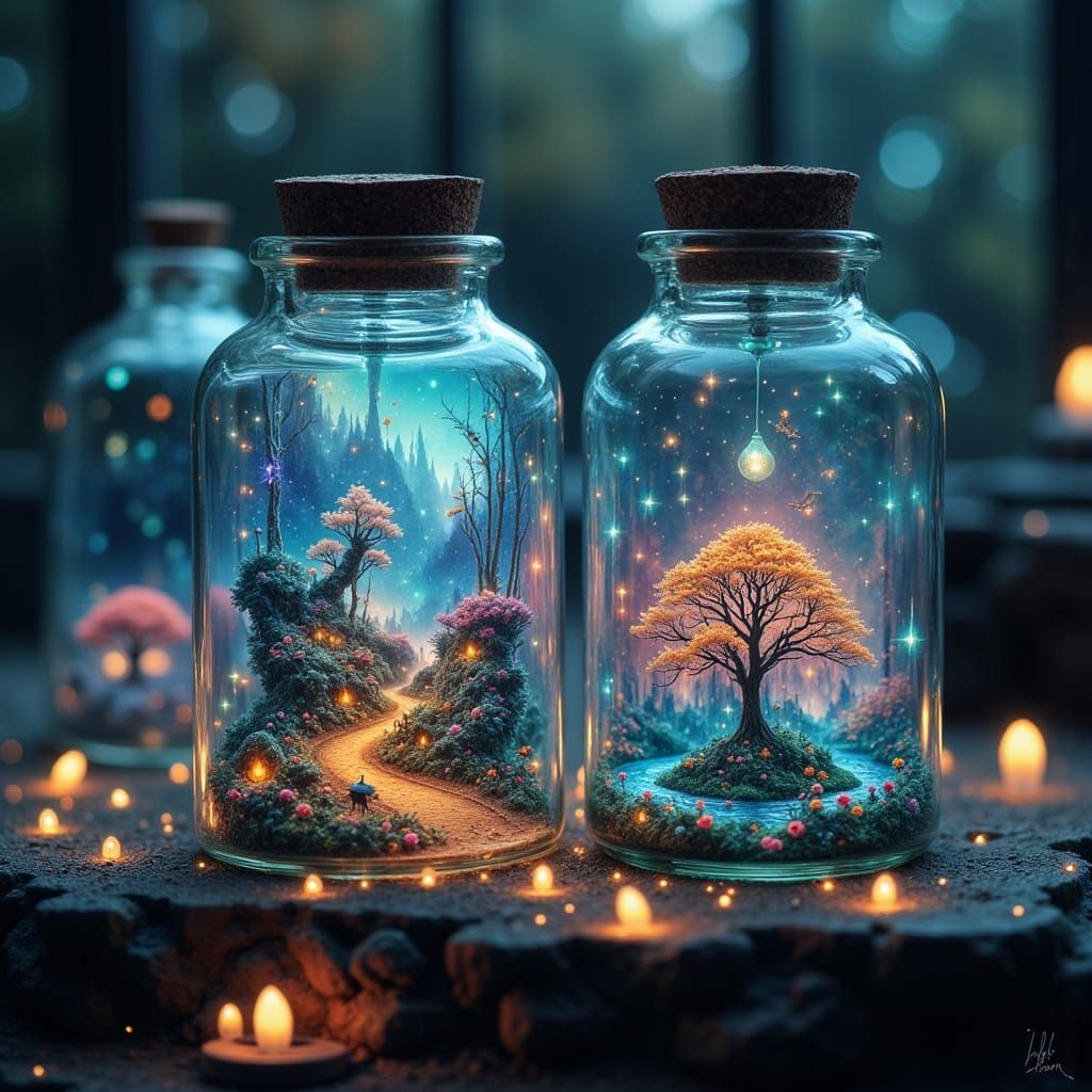 Miniature Surreal Worlds in Glass Bottles