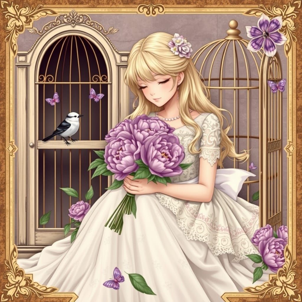 Elegant Blonde Girl in Vintage Decoupage Style