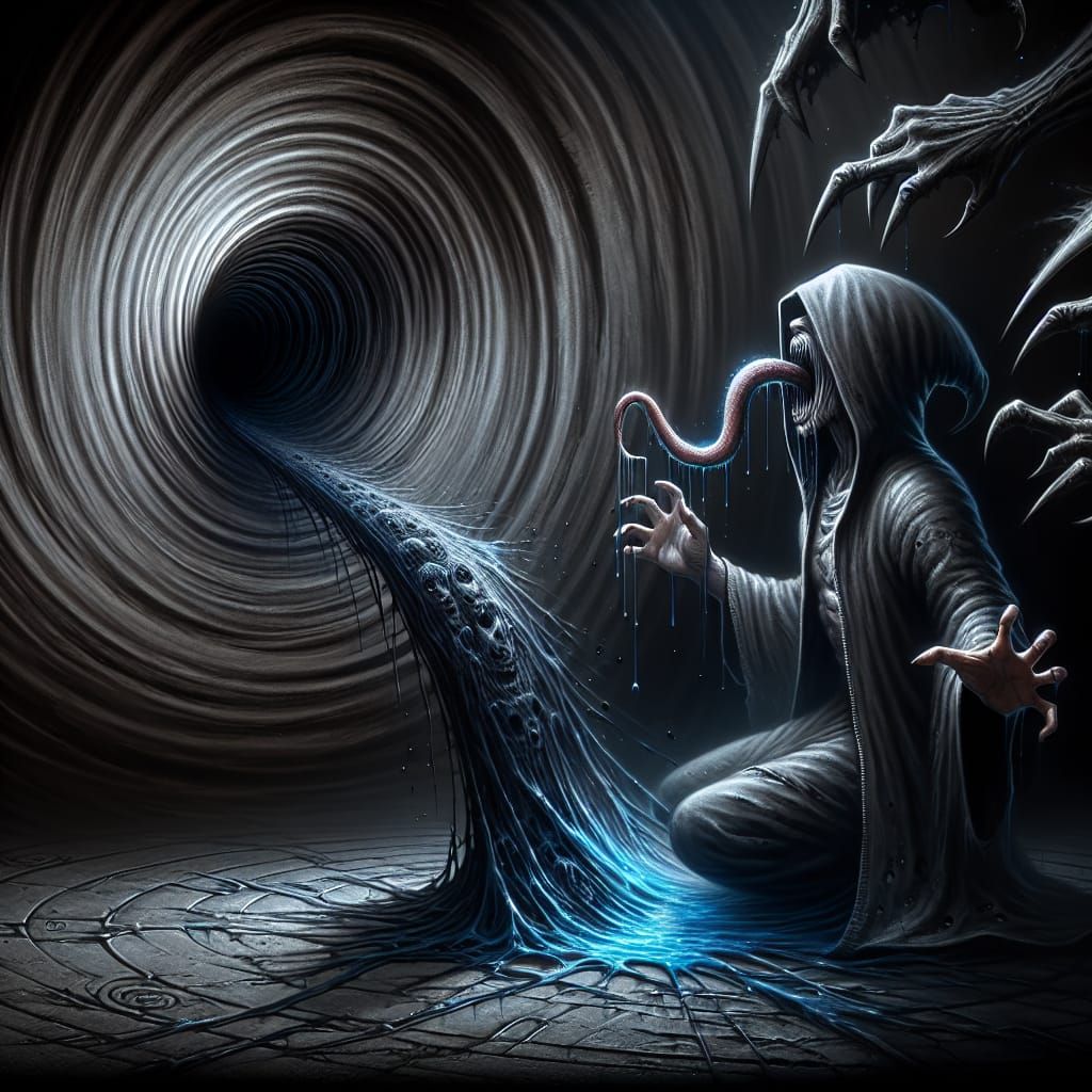 Hooded Figure Before a Spiraling Dimensional Rift