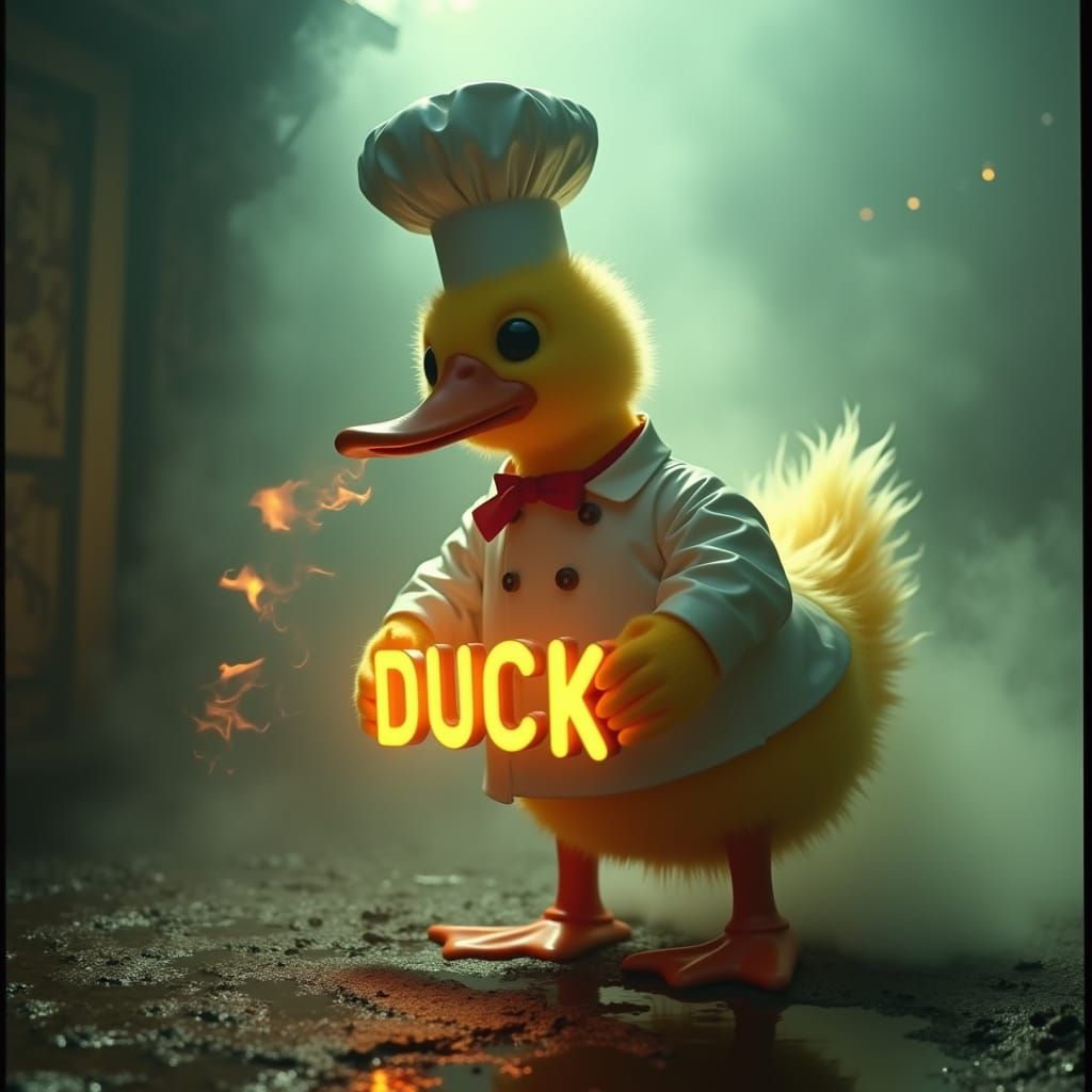 Gigantic Flaming Duck in a Cinematic Film Still