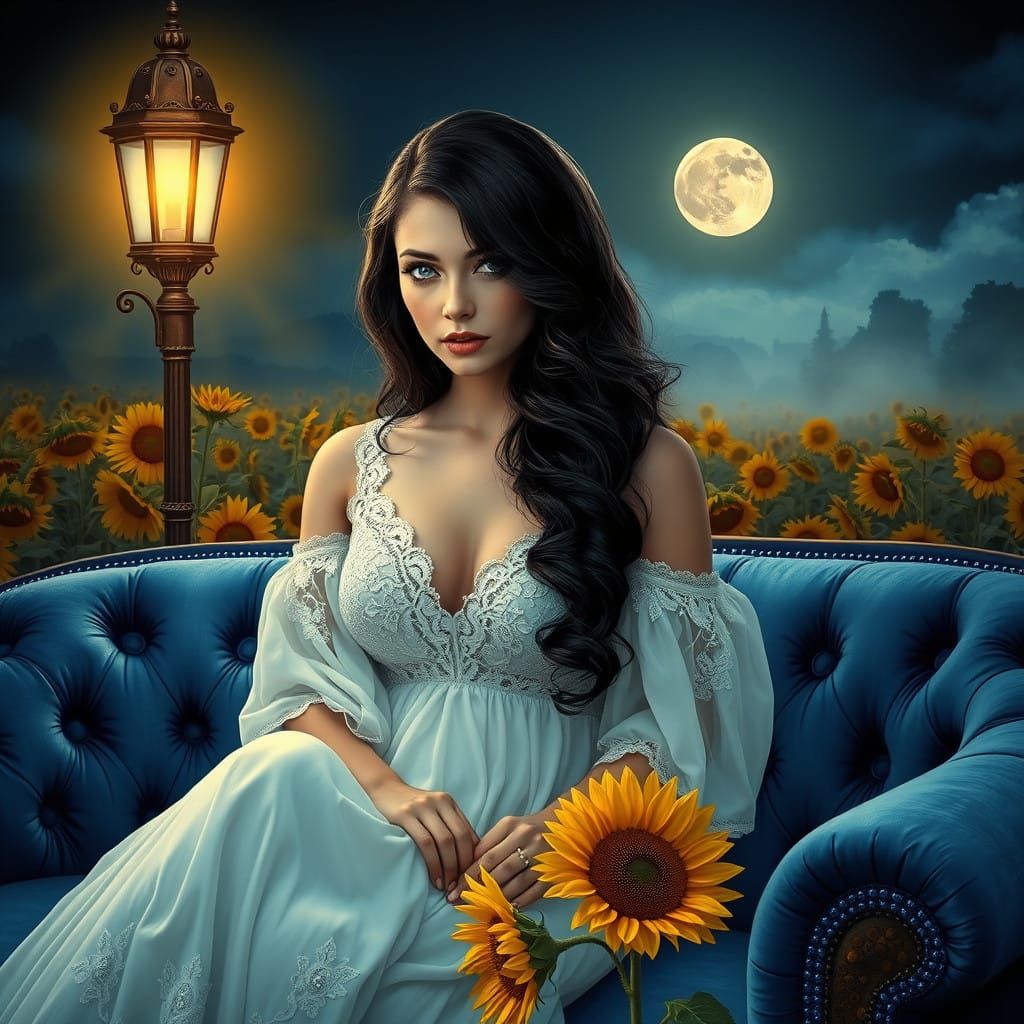 Ethereal Dreamscape with Enchanted Lady and Sunflowers