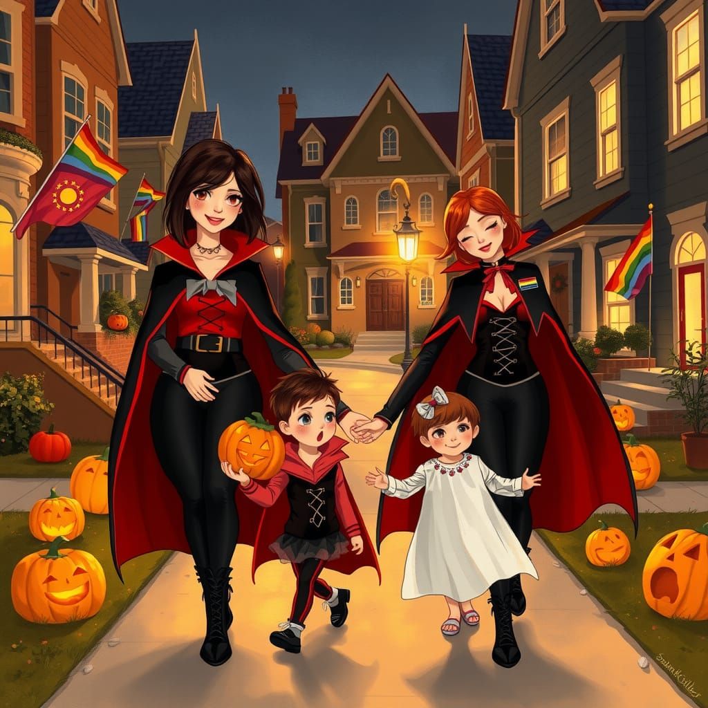 Lesbian Couple and Kids Trick-or-Treating on Halloween