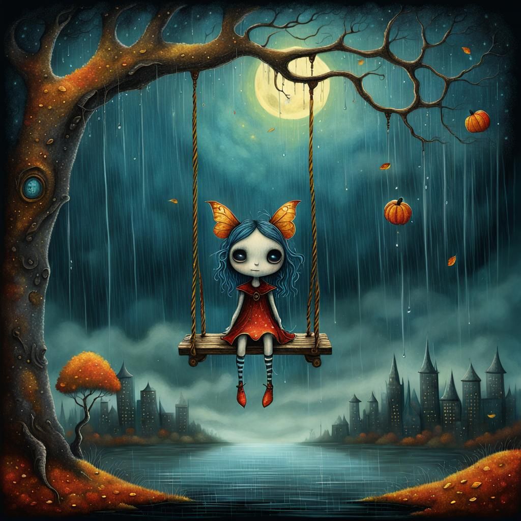 Fairy on Swing in Rainy Cityscape