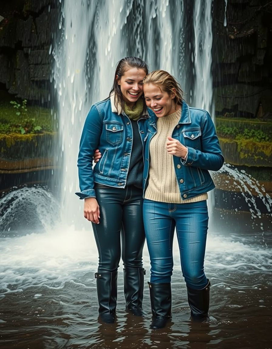 Sisters in the Shower of a Waterfall
