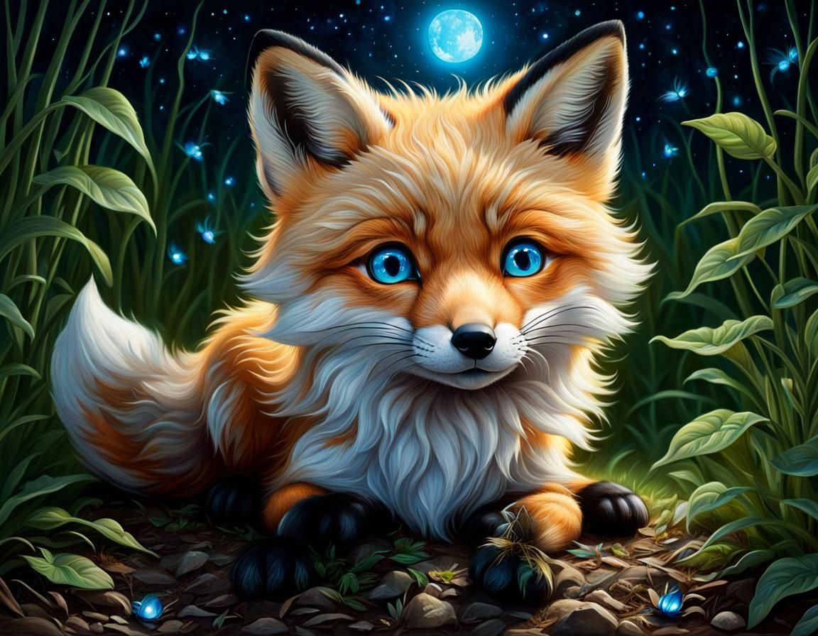 Chibi Fox Reclining Under Night Sky as Digital Painting