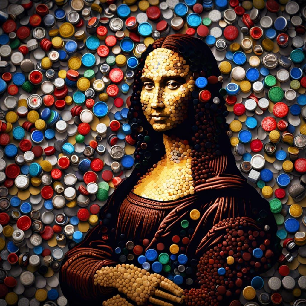 Mona Lisa Made of Bottle Caps: Detailed Matte Painting