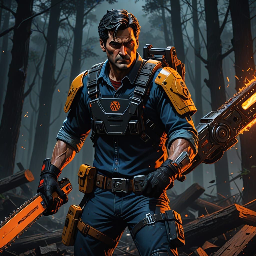 Ash Williams in Heroic Chainsaw Pose