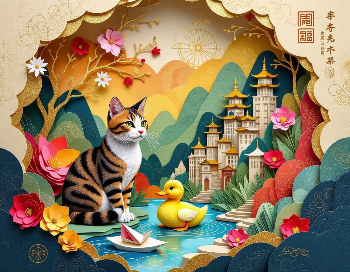 Oriental Cat & Duckling in Paper World