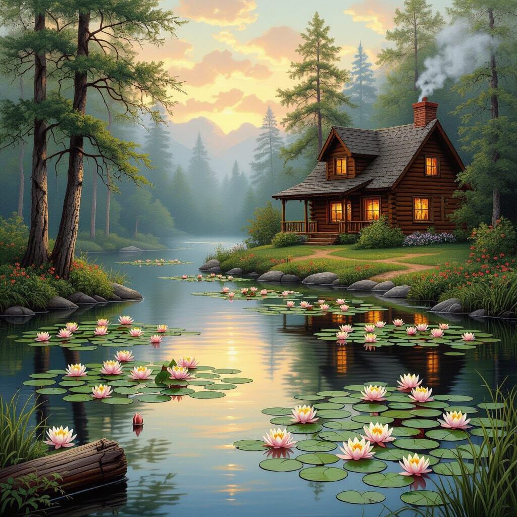 Serene Pond and Log Cabin in Illustrative Style