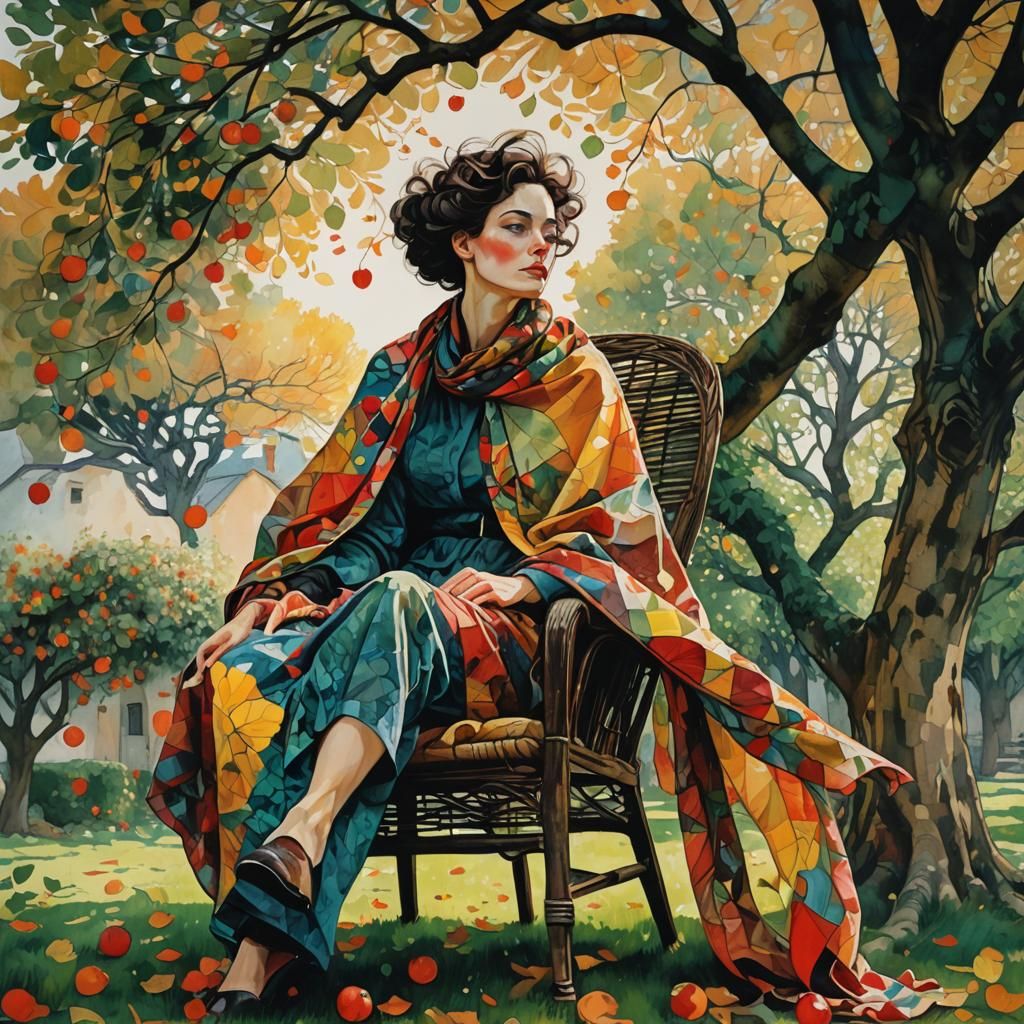 Surrealist Garden Portrait with Shawl, Expressive Brushwork