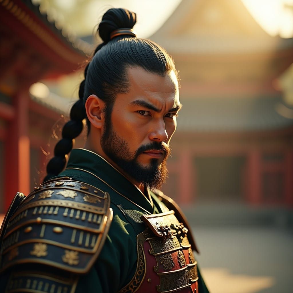 Powerful Samurai in Golden Temple Courtyard