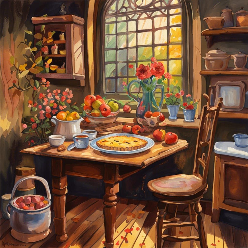 Cozy Kitchen with Apple Pie in Gouache Style