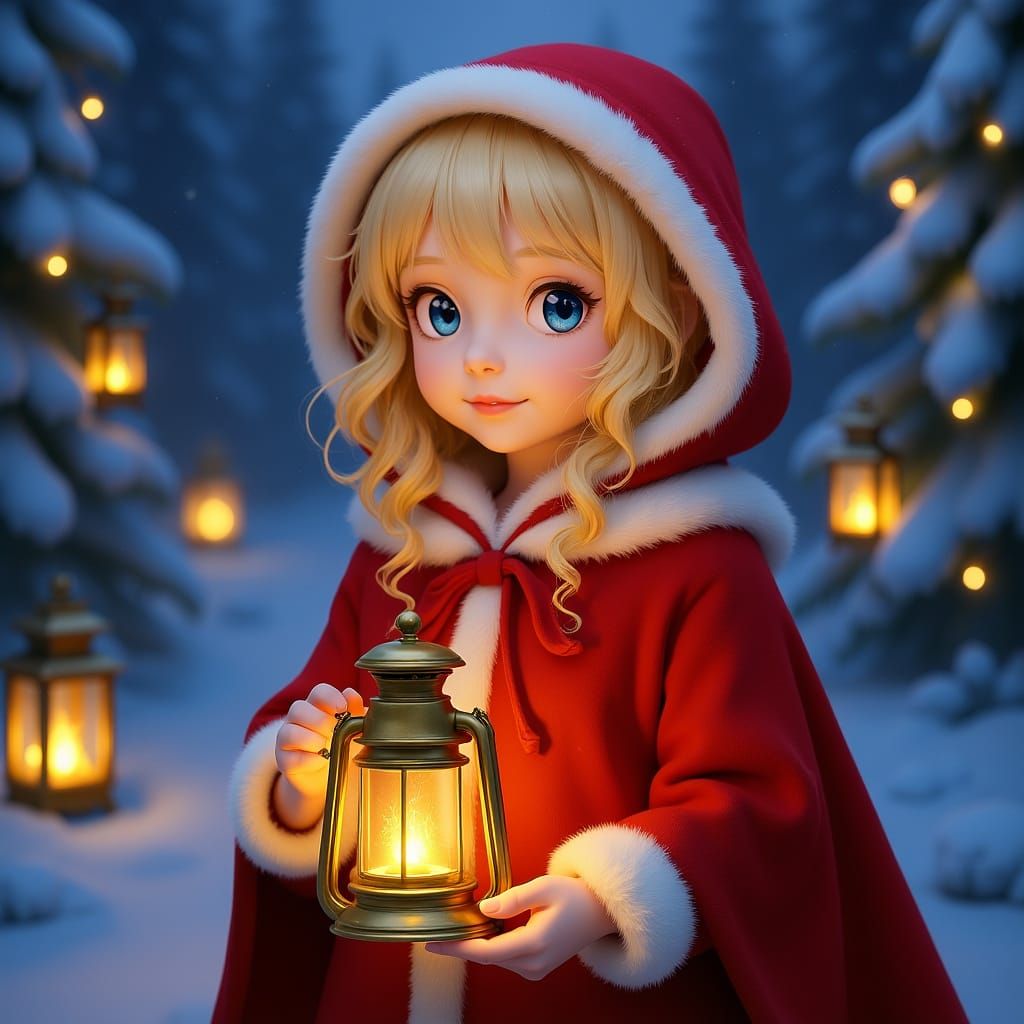 Girl in Red Cape Lanterns in Snowy Forest