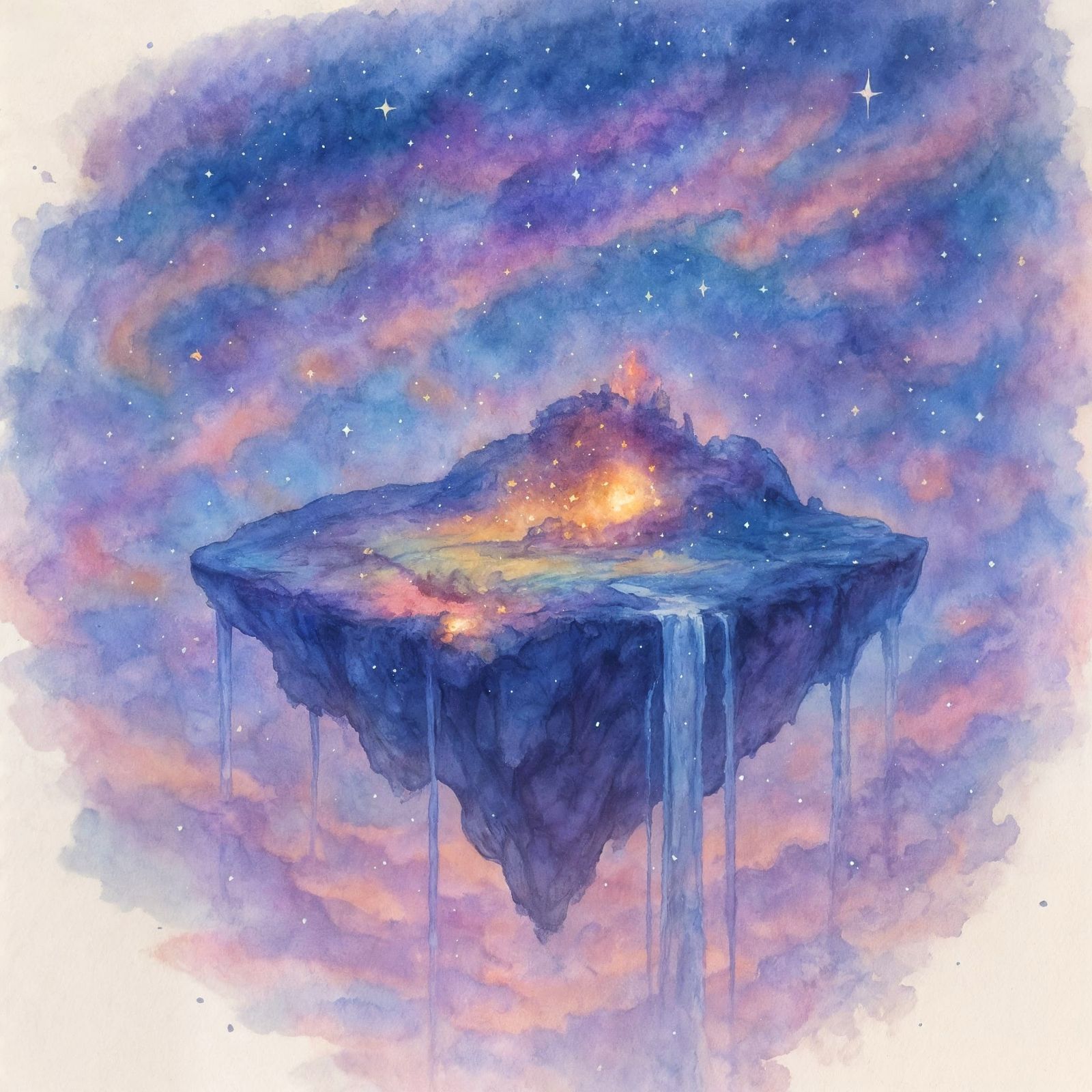 Celestial Floating Island in Watercolor Twilight Sky