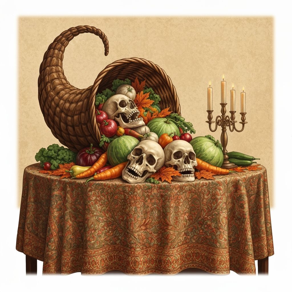 Cornucopia of Fall Vegetables and Skulls in Digital Painting
