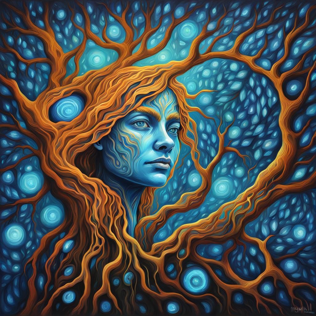 Bioluminescent Humanoid Tree: Fantasy Expressionism in Vivid...