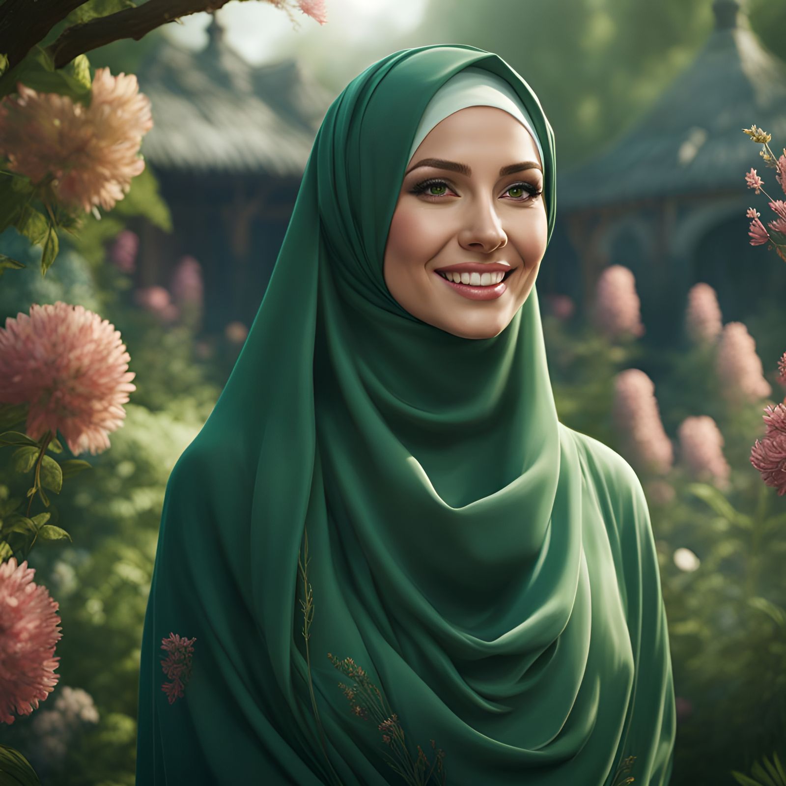 Beautiful Woman in Hijab Smiling in Garden