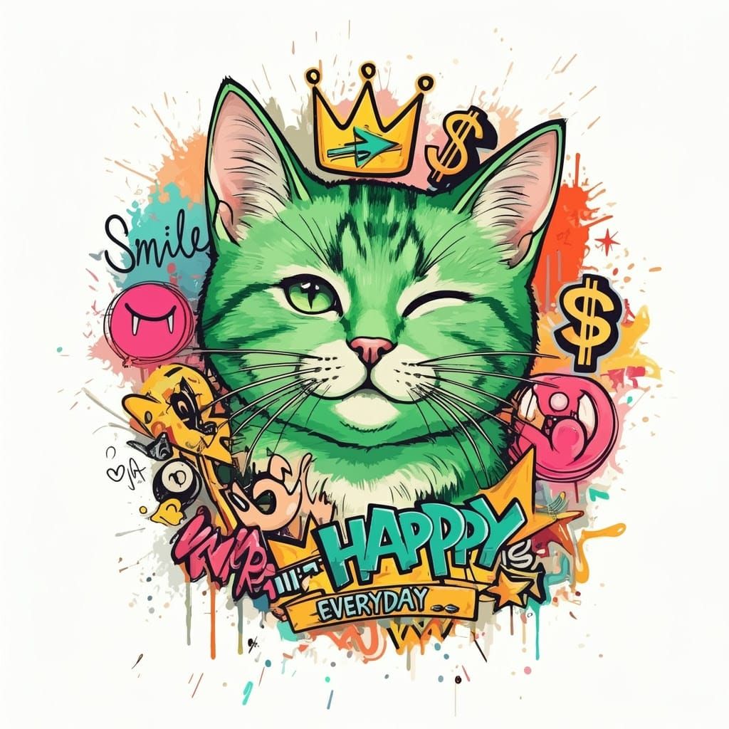 Winking Green Cat Graffiti Art Illustration