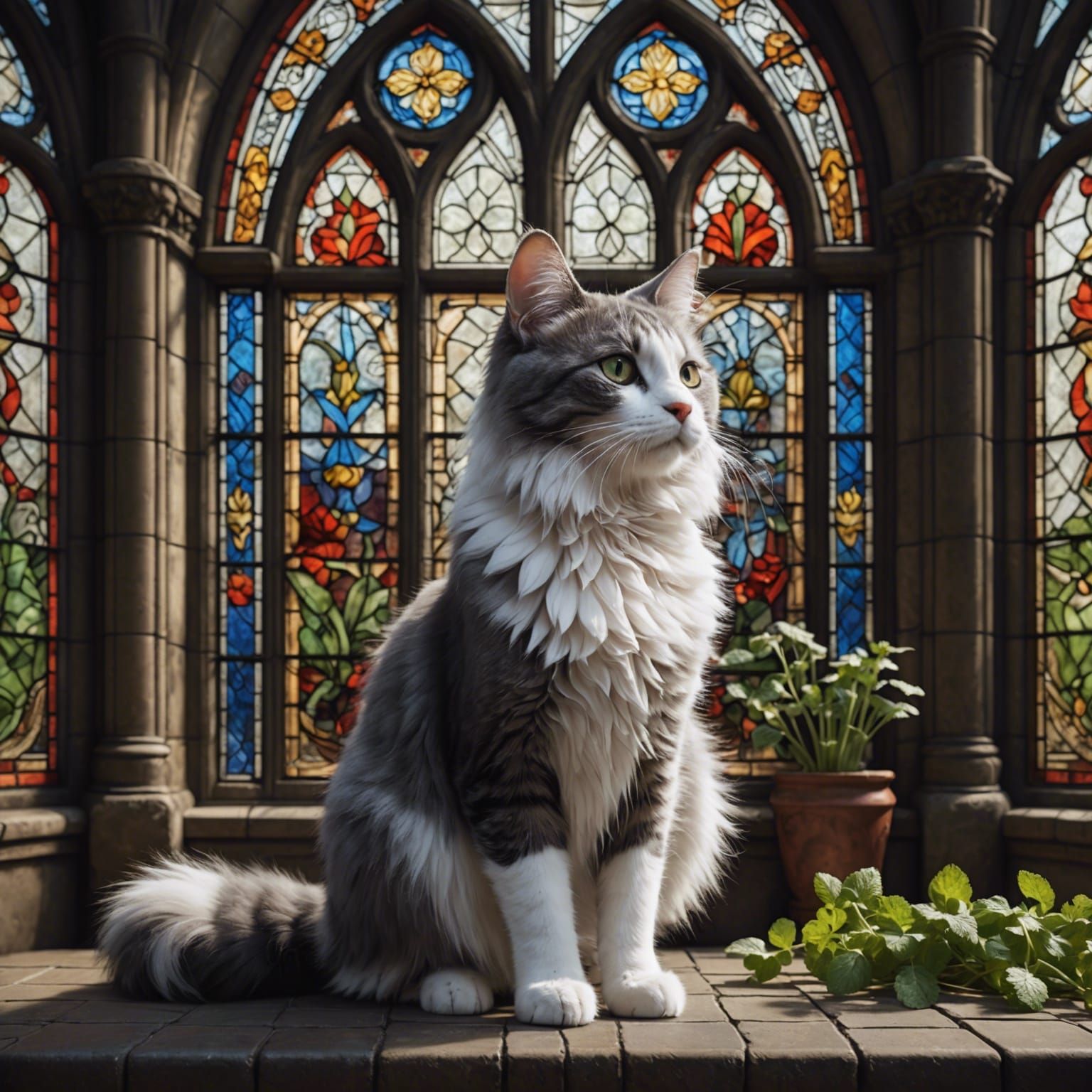 Grey and White Cat by Stained Glass Window