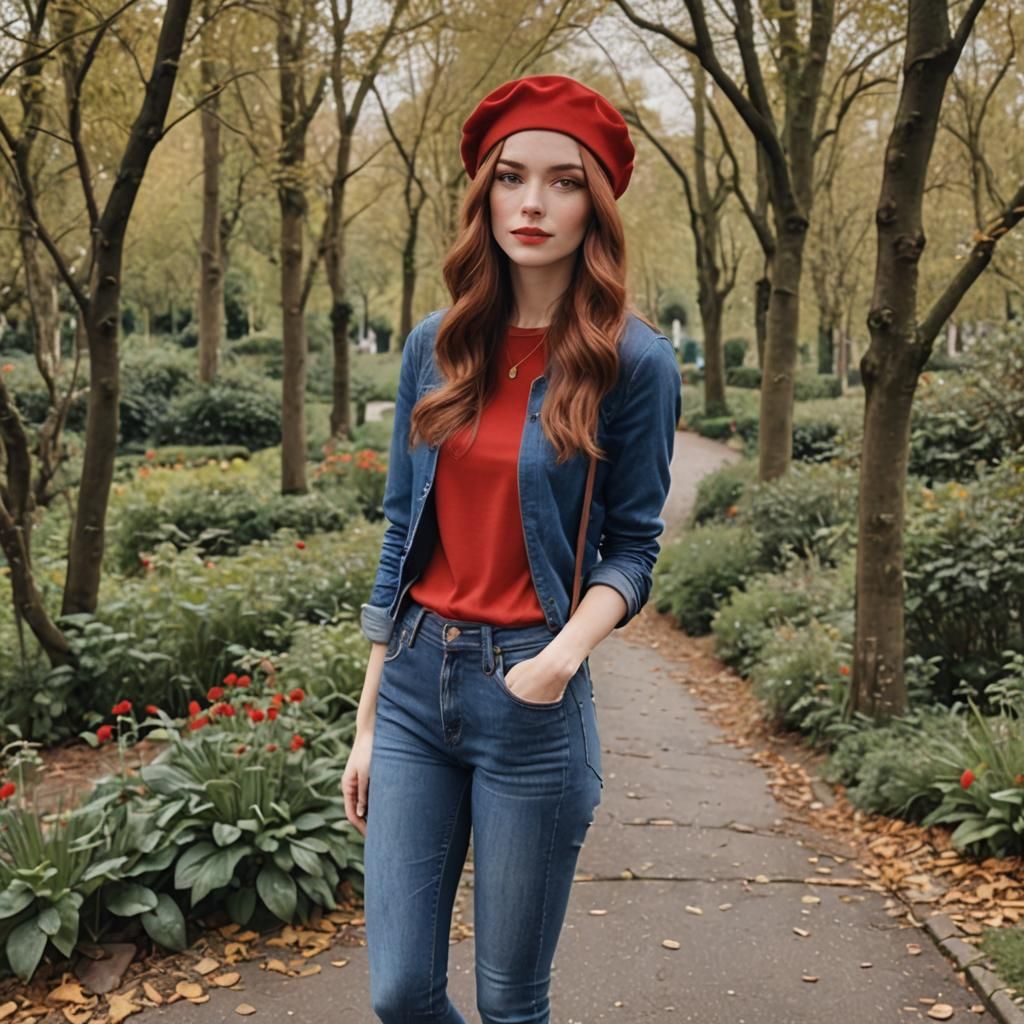 Stylish French Girl in Red Top and Blue Beret
