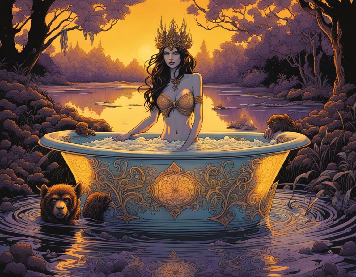 Mystical Auburn Witch Bathes in Lake: Fairycore Style