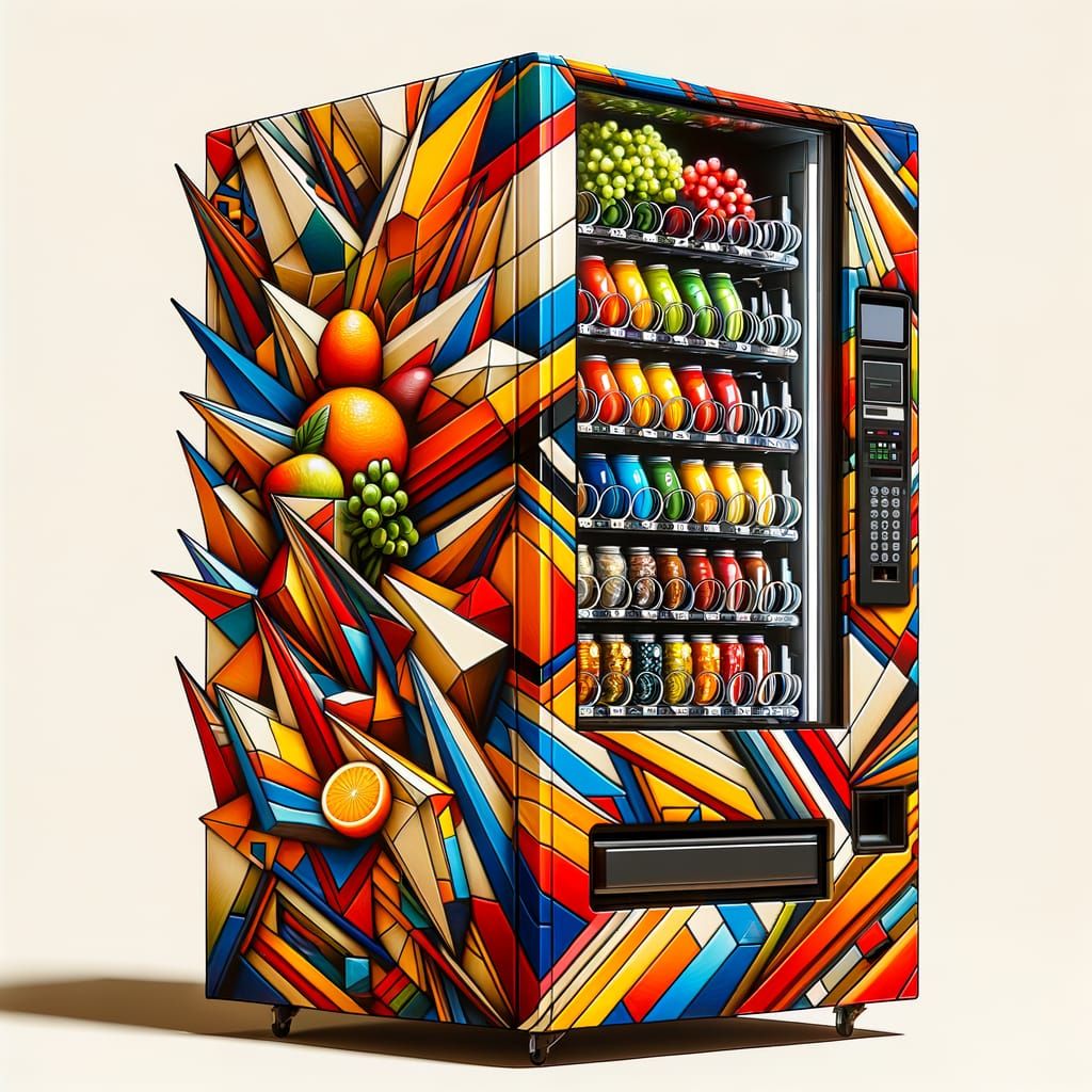Angular Healthy Vending Machine Wrap in a Vibrant Neo-Cubist...