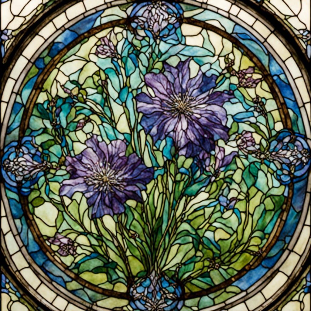 <lora:LCT:1.0> Nigella flowers aka Love in a mist. Stained g...