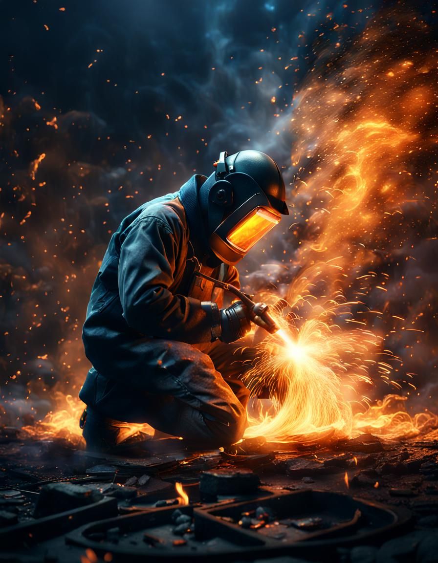 Welder Surrounded by Fire Particles in Detailed Matte Painti...