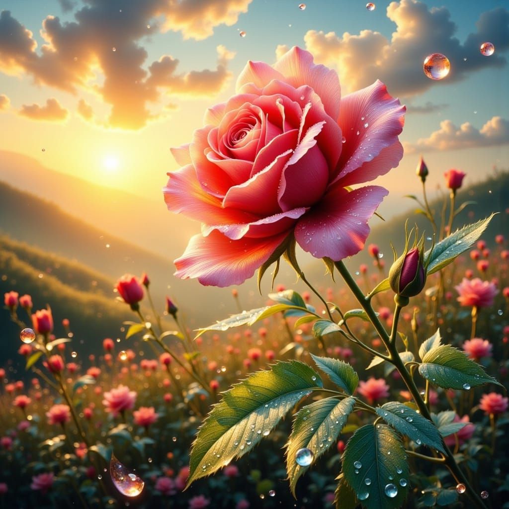 Dew-Kissed Rose at Sunset in Watercolor Style