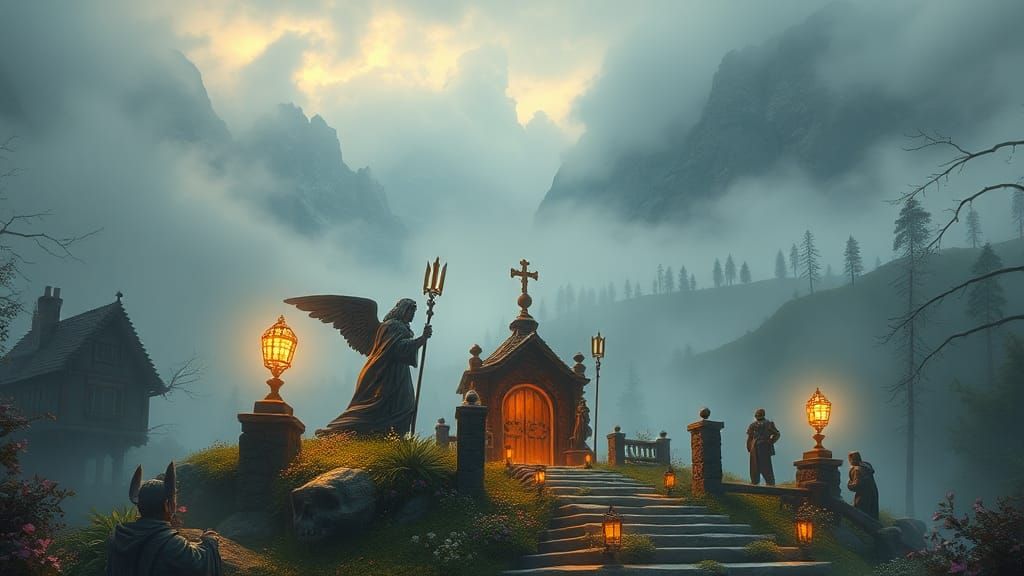 Ethereal Fantasy Landscape with Retro Game Characters