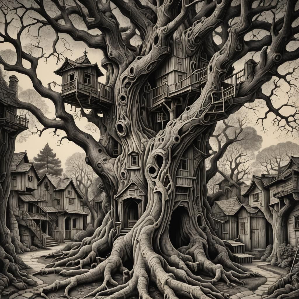 Surreal Treehouse Drawing in Escher Style