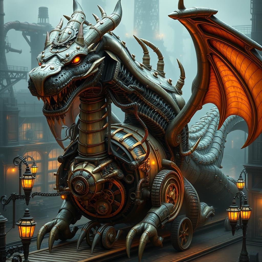Steampunk Dragon Engine in Victorian Landscape