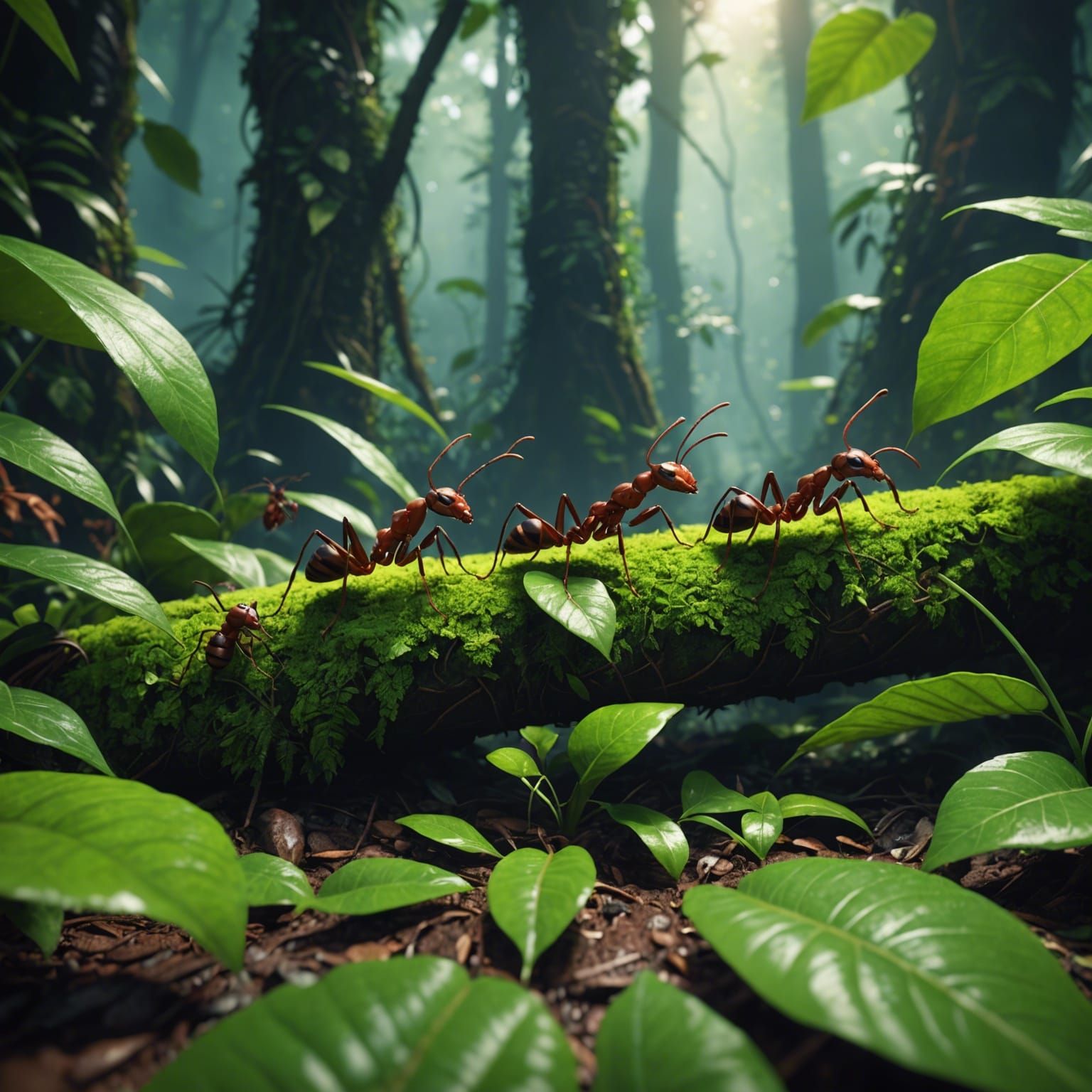 Ants Carrying Leaves in Jungle, Detailed Matte Painting