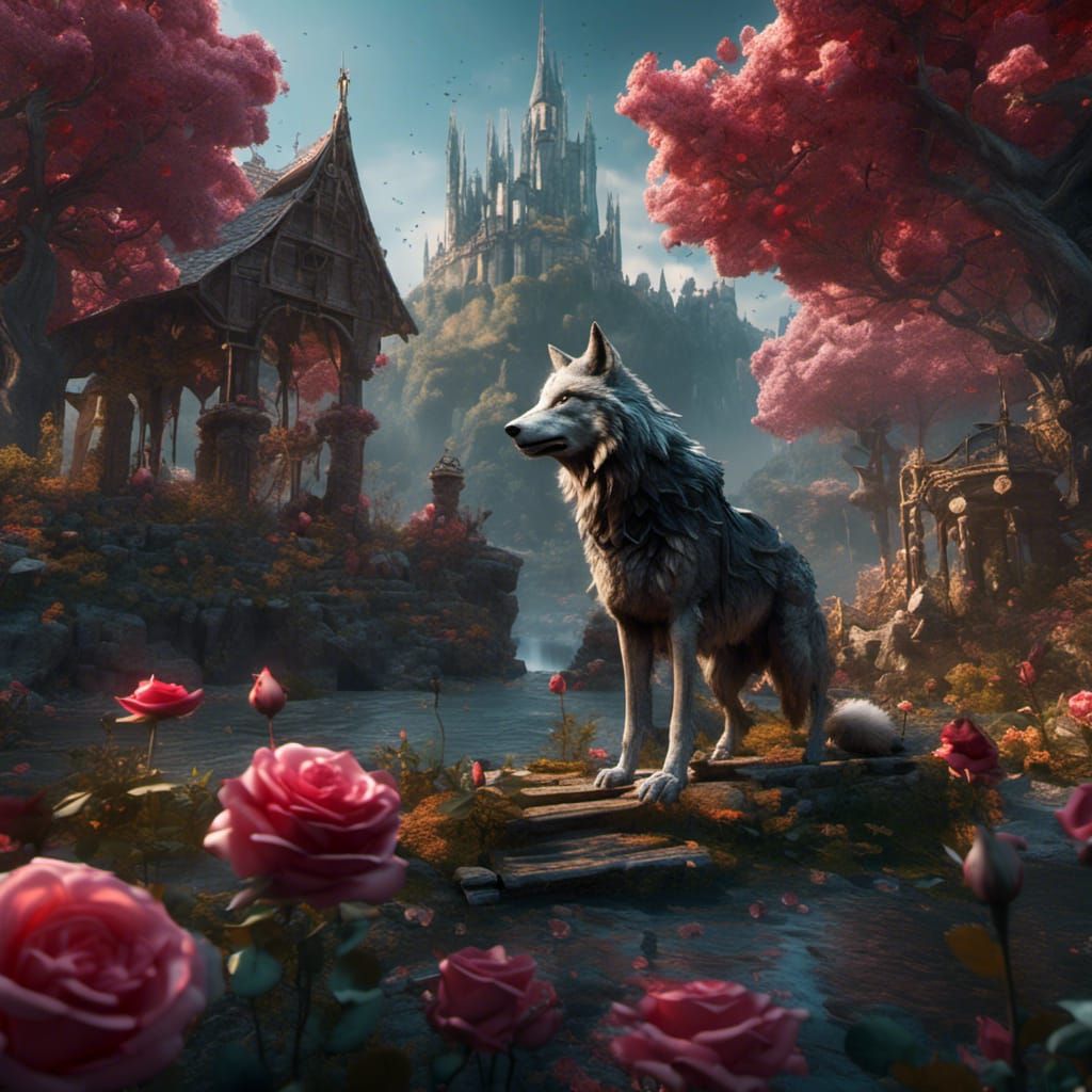 Wolf with Rose and Sword: Detailed Fantasy Art