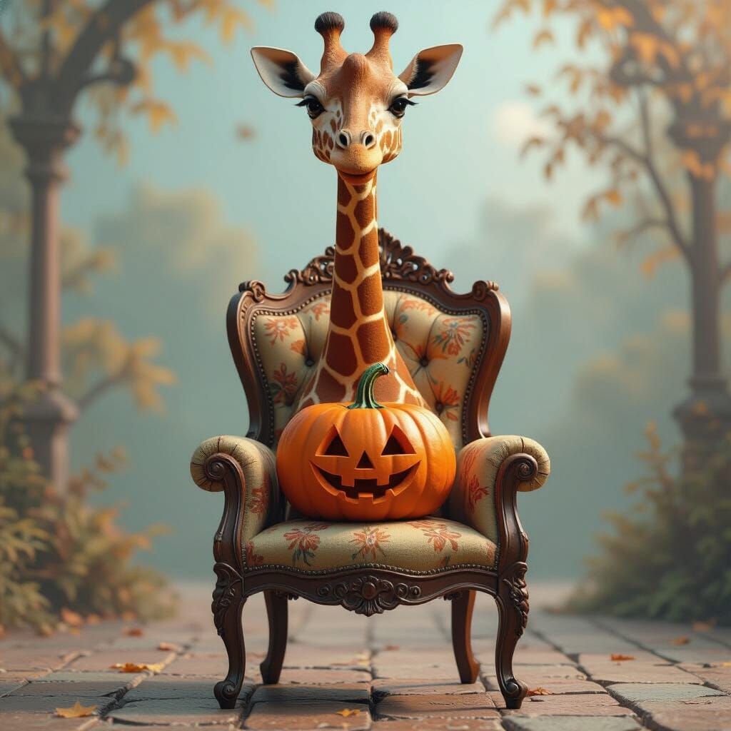 Giraffe Made of Antique Chair with Pumpkin Head